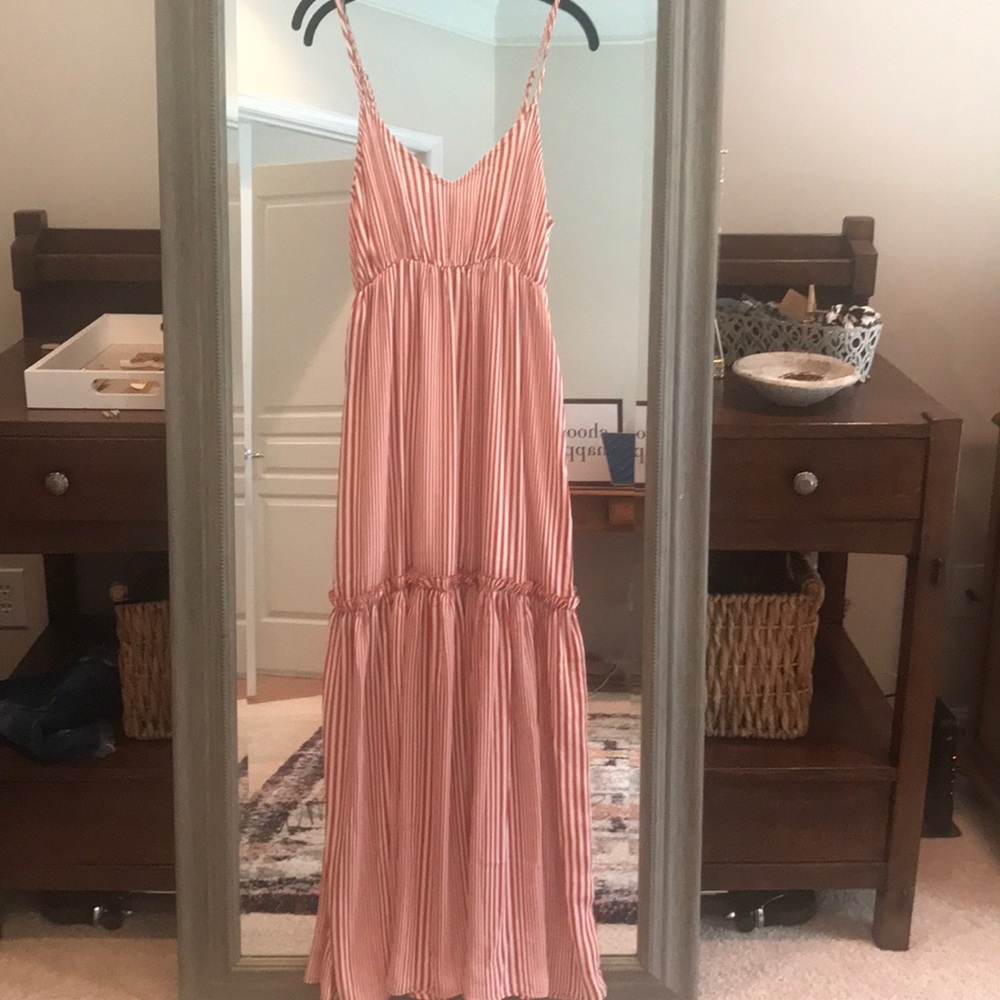 Brick red, striped, ruffle tier maxi